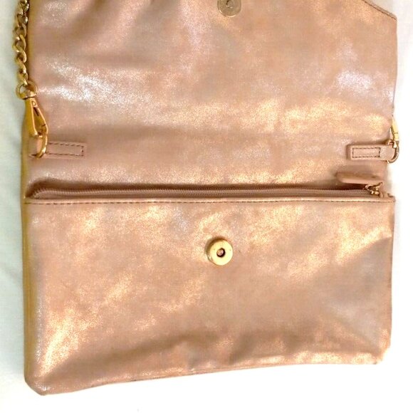 Express Fold-Over Clutch Purse Gold Pink Shoulder Chain Zip Snap Closure - Picture 6 of 16